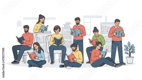 Illustration of diverse individuals deeply immersed in reading books, fostering knowledge, literacy, and intellectual enrichment