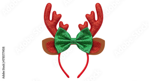 A fun and festive reindeer antler headband with glittery red antlers and a green bow, isolated on transparent background