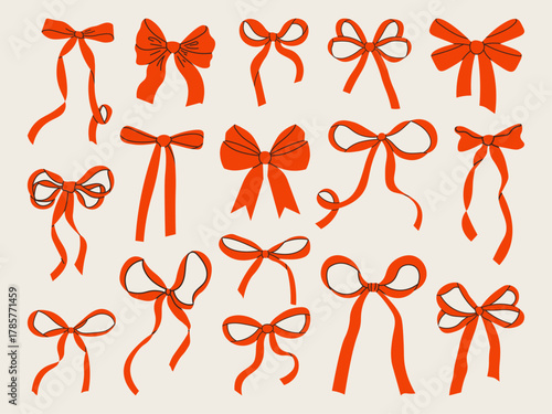 Whimsical hand drawn red bow and ribbon set in coquette and vintage style. Cute and elegant decorative elements for wedding invitations, gifts, christmas and feminine design projects