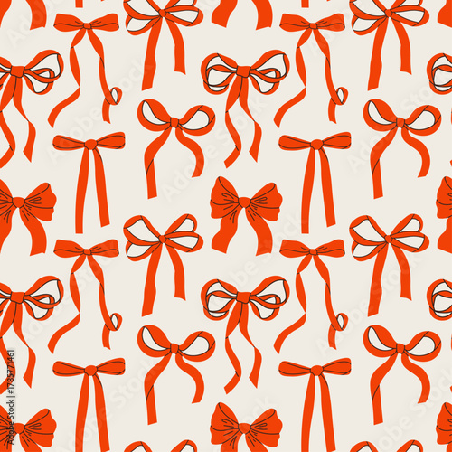 Trendy coquette seamless pattern with pink bows and ribbons. Delicate and playful background for girly prints, cards, wrapping paper, holidays and modern textile design