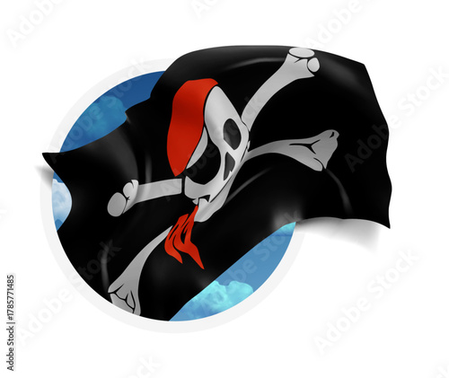 Pirate, vector 3d flag against a blue sky, through a round hole on a white background