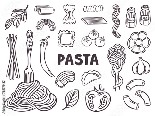 Whimsical hand drawn set of pasta illustrations in Italian style. Cute doodle food icons featuring spaghetti, penne, and ravioli — perfect for menus, posters, and Mediterranean design.