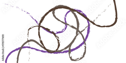 An abstract, raw, and energetic composition of multiple intertwining, continuous lines in solid, distressed black brushstroke texture, forming chaotic loops, sharp angles, and sweeping strokes