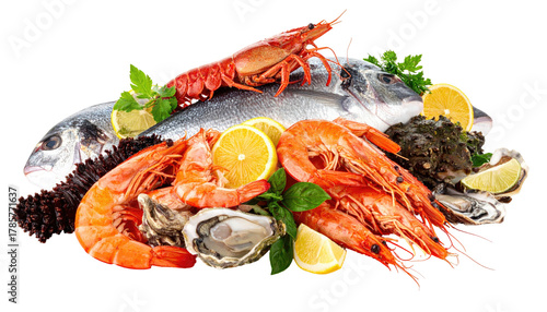 Fresh seafood assortment fish, shrimp, shellfish, lemon