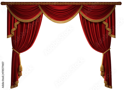 Classic Royal Red Curtain with Gold Trim and Draped Swags PNG