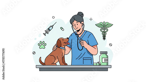 Professional veterinary care concept with a female doctor examining a dog with a stethoscope
