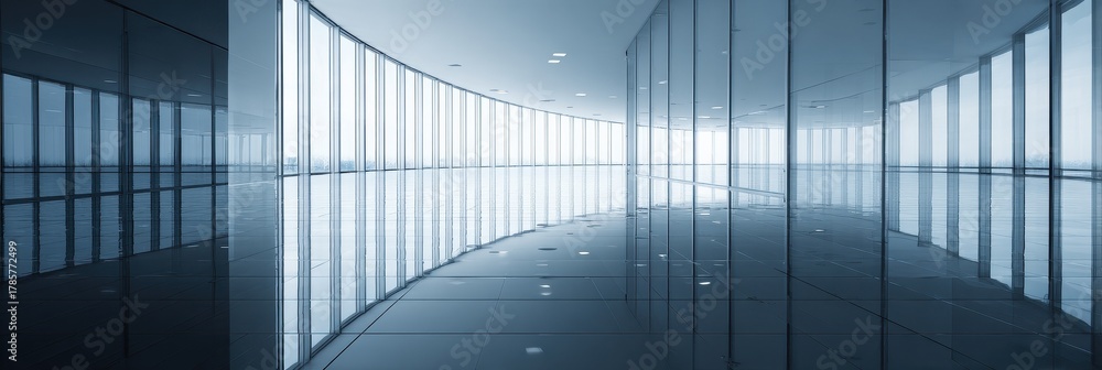 Obraz premium Modern corporate glass interior with minimalist geometric design and reflective floors.