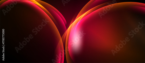 Abstract shapes, vibrant reds, oranges blend. Smooth curves create dynamic visual impact. Dark background emphasizes glowing forms.