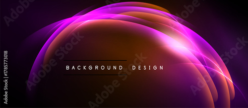 Abstract design features vibrant curves, gradients. Pink, orange hues dominate dark background. Text reads background design. Modern, dynamic composition.