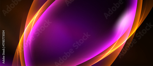 Abstract background features vibrant orange, purple curves. Smooth gradients create dynamic, flowing visual effect. Dark edges frame central illumination.