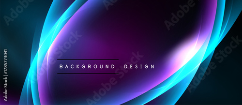 Abstract background features vibrant blue, purple hues. Smooth curves create dynamic, glowing effect. Text reads background design.