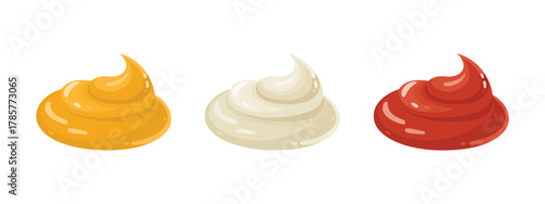 Sauce Stain Icon Set – Mustard, Mayonnaise and Ketchup Splash, Cartoon Dip Splatter, Food Drip and Seasoning Blobs, Liquid Dressing Elements, Vector Illustration