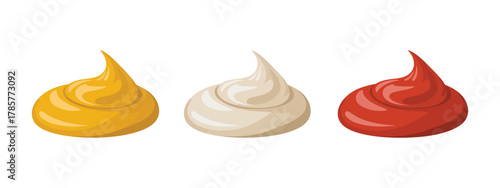 Sauce Stain Icon Set – Mustard, Mayonnaise and Ketchup Splash, Cartoon Dip Splatter, Food Drip and Seasoning Blobs, Liquid Dressing Elements, Vector Illustration