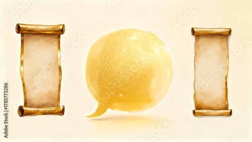 Golden Scrolls & Radiant Orb: Ancient Wisdom Illustration
