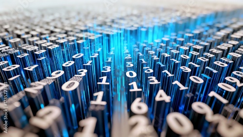 Quantum Data Nexus: Blue Digital Matrix of Metallic Numerals