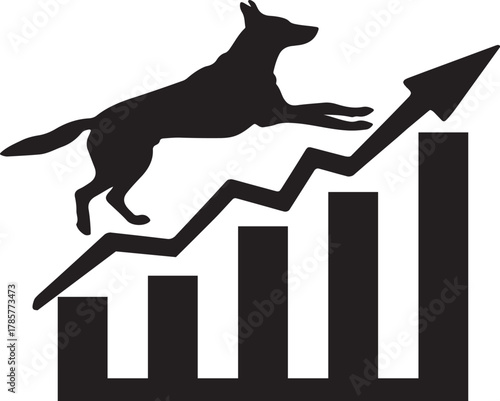 Dog Jumping Over Rising Bar Graph Symbolizing Growth and Success
