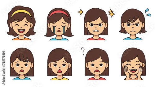 Diverse cartoon girl facial expressions capturing a wide spectrum of human emotions and feelings