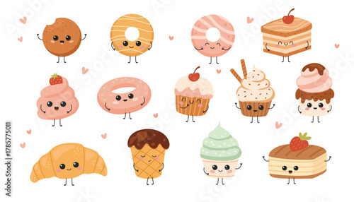 Cute cartoon set of sweets and pastries. Vector illustration.