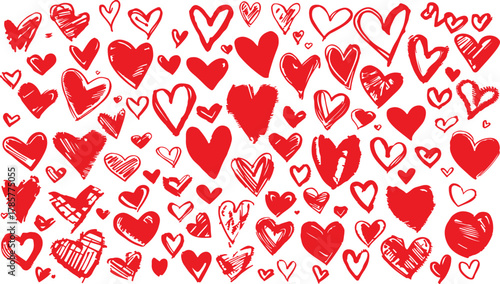 Abundant Red Hand- Drawn Heart Shapes and Symbols Scattered on White Background love hand-drawn
