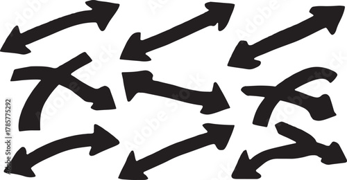 Assortment of Black Arrows in Various Diagonal and Curved Orientations pointing