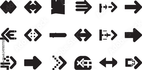 Assortment of 18 Black Arrow Icons Featuring Different Shapes and Movements on White Background collection