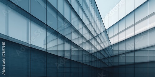Dynamic abstract view of modern glass building complex with geometric lines.