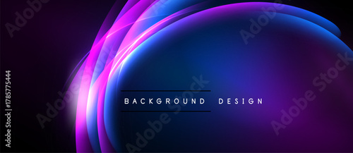 Abstract design features vibrant curves, gradients. Blue, purple hues dominate dark background. Text reads background design. Modern, dynamic visual.