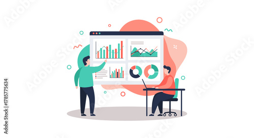 Two individuals analyze data on a large screen, discussing charts and graphs, representing business analytics and data analysis in a modern office setup.