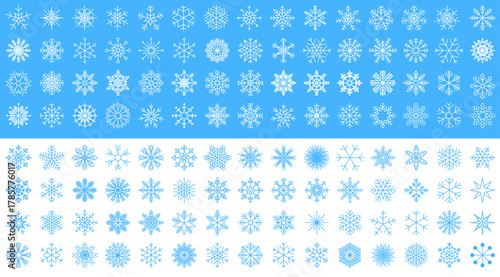 Blue snowflake icon set. Minimal winter vector collection with white line snowflakes for Christmas and New Year design. Editable stroke 