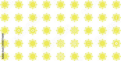 Assortment of Yellow Sun Icons and Symbols in Different Designs on White Background solar