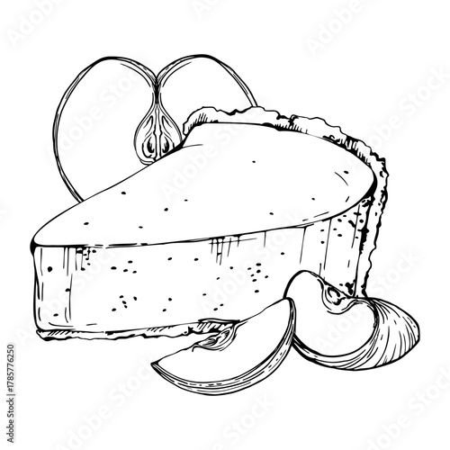 Vector ink slice of homemade peach tart, fruit pie, souffle torte with cut apple chunks. Hand drawn isolated dessert illustration. Summer pastry packaging, juice bar graphics, seasonal food products.