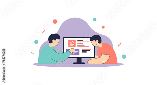 Two individuals collaborate, analyzing data and information on a computer screen, fostering teamwork and strategic planning for success.