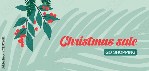 Magnifique en-tête site web pour un Noël élégant avec une branche de houx et de sapin. Parfait pour annoncer des offres promotionnelles d'hiver et préparer la saison de Noel