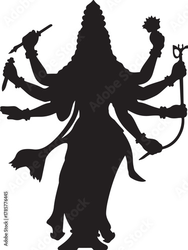 Black silhouette of Hindu goddess Durga with multiple arms holding various weapons and symbols on a white background