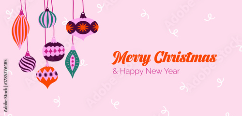 Elegante bannière "joyeux Noel et bonne année" avec des boules de Noël et des pampilles colorées. Illustrations vectorielles parfaites pour cartes de voeux, affiches et réseaux sociaux