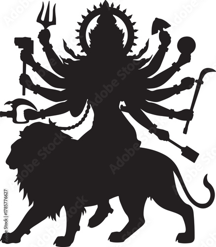 Black silhouette of the Hindu goddess Durga riding a lion with multiple arms holding weapons on a white background