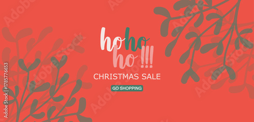 Bannière de fin d'année, pour des promotions de Noël avec Ho Ho Ho en calligraphie manuscrite pour annoncer l'arrivée du Père-Noël. Illustrations vectorielles de branches de gui sur fond rouge