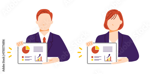 タブレットの画面のグラフ資料を見せて説明をするビジネスパーソンのイラスト。フラットデザイン。