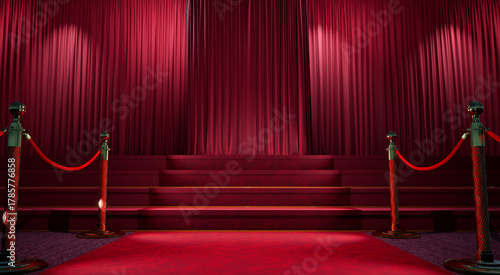 Canvas Print stairs with red carpet, Red carpet and velvet ropes leading up the staircase