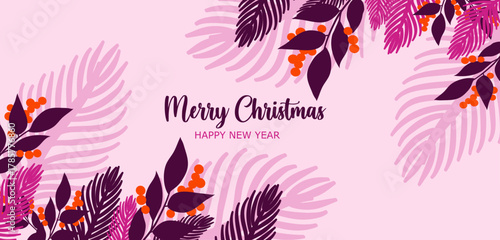 Joyeux Noël et Bonne Année ! Bannières festives. Fonds d'écran d'hiver, designs horizontaux avec décorations de saison, feuillage sapin et houx en rose. Illustrations vectorielles.