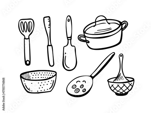 Kitchen utensils doodle icon set. Cute hand drawn sketch illustrations of knife, pan, strainer, spatula, whisk, board, ladle, bowl. Black and white art for cooking tools