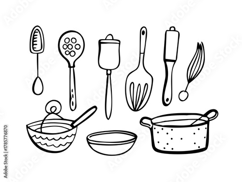 Kitchen utensils doodle icon set. Cute hand drawn sketch illustrations of knife, pan, strainer, spatula, whisk, board, ladle, bowl. Black and white art for cooking tools