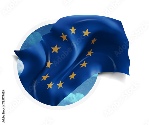 European Union, vector 3d flag against a blue sky, through a round hole on a white background