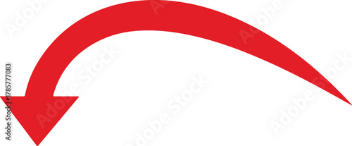 Bright red curved arrow pointing downwards on a white background down arrow