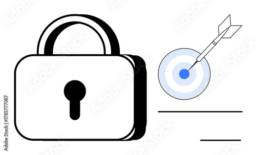 Closed lock alongside dart hitting bullseye, representing security, precision, and goal success. Ideal for cybersecurity, protection, precision, strategy focus accuracy business goals. Simple flat