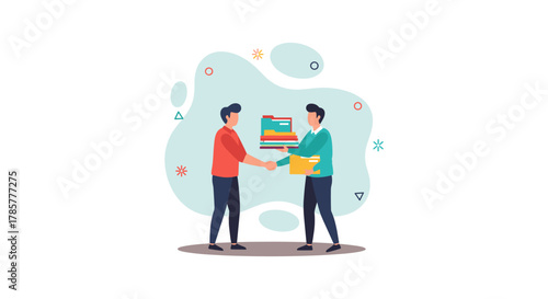 Two business partners shaking hands after successful deal completion, with a laptop and documents symbolizing collaboration and agreement.