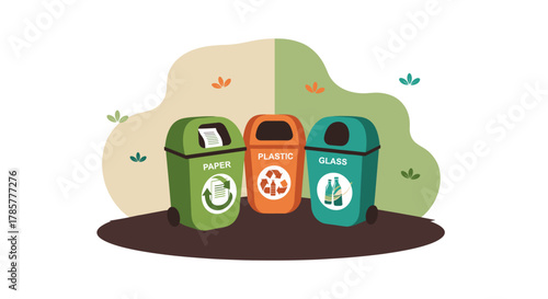 An illustration depicts three recycling bins, each designated for paper, plastic, and glass waste, promoting environmental awareness and sustainability.
