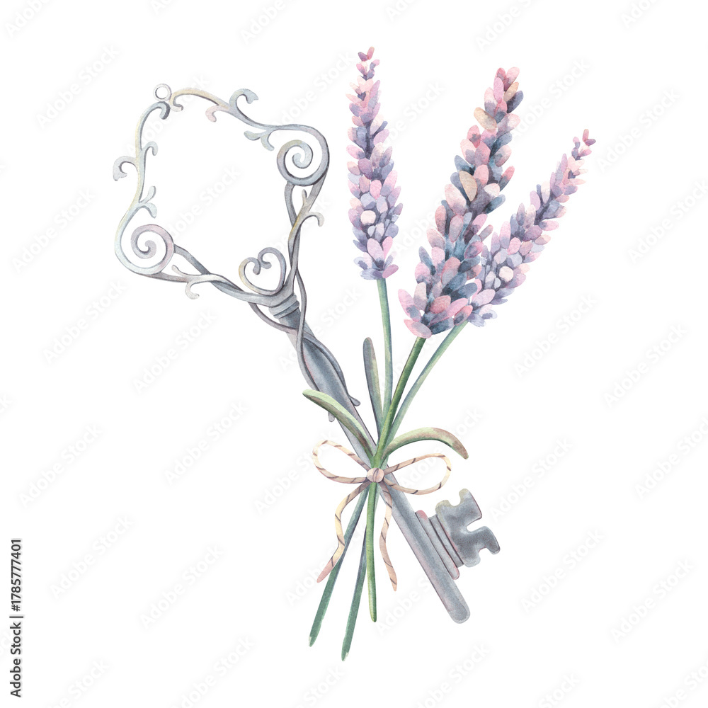 Naklejka premium Lavender bouquet tied with string, metal key. Hand-painted watercolor illustration isolated on white for floral design, printing on textile, wedding invitations, packaging, branding, cards, posters