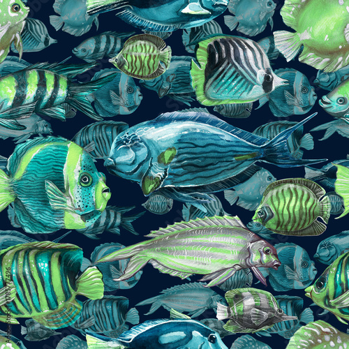 An abstract collection featuring various exotic fish. A seamless watercolor painting on a black background with layers.