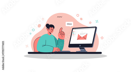 A person is excited about receiving an email, represented by an illustration of a computer screen with an envelope icon.